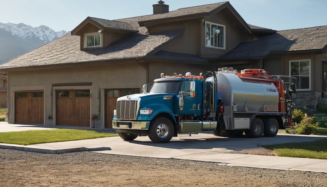 A septic service truck parked beside a frame home with a wood and stucco exterior in the Salt Lake City area