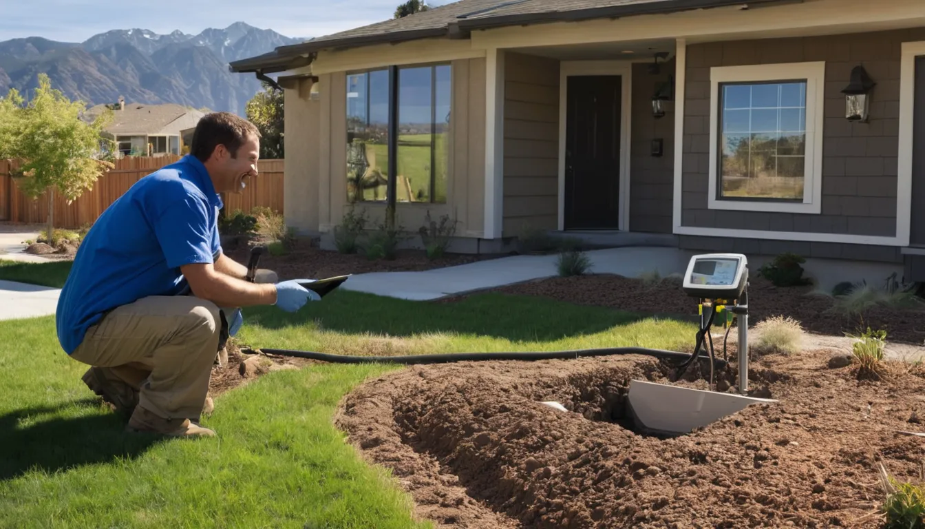 Friendly sewer line provider and a homeowner reviewing a camera inspection screen beside a home in Salt Lake City